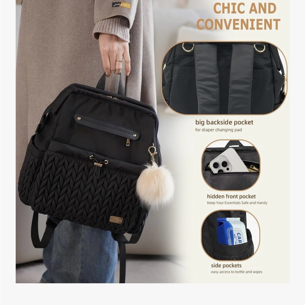 Elegant Black Baby Bag with Pom Pom